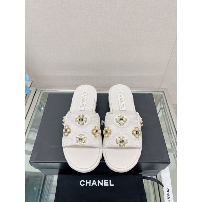 CHANEL water table thick bottom pearl flower slippers original rubber sole