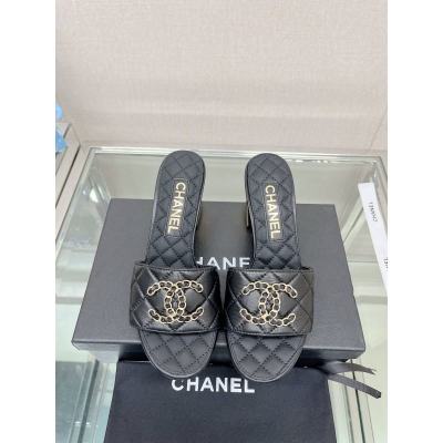 CHANEL 23Ss new diamond check chain double C buckle metal heel slippers sheepskin lining